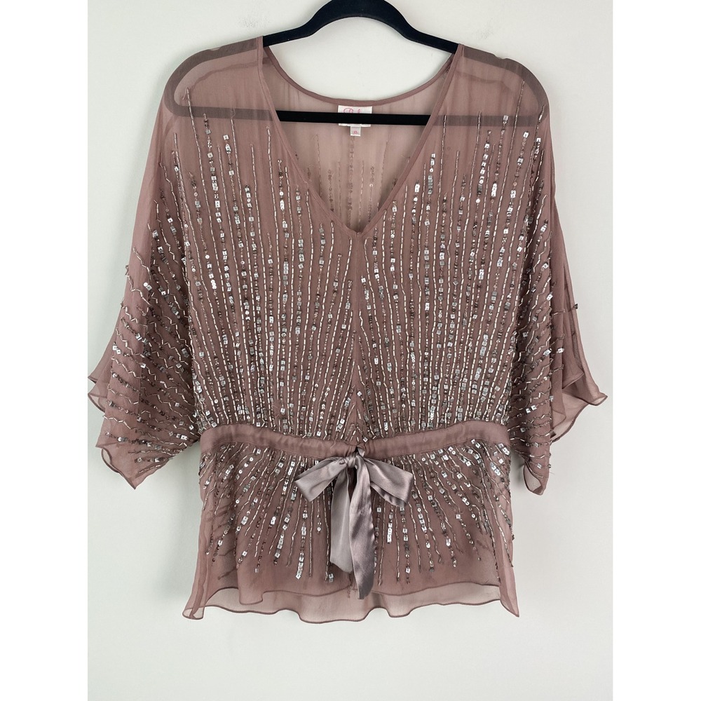 Parker Womens Silk‎ Beaded Top XS Mauve V Neck Tie Waist Blouse Party Sheer NYE